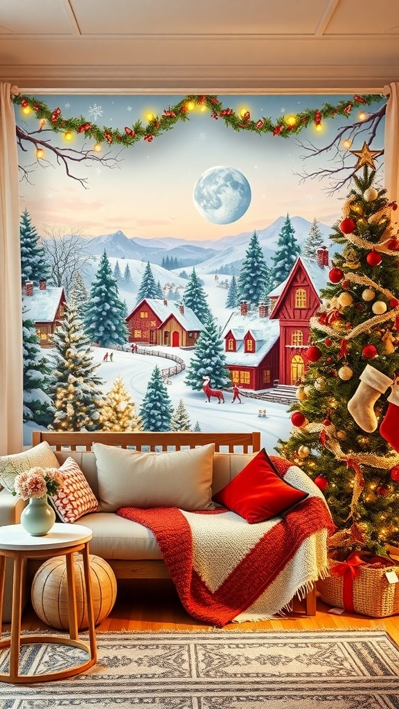 Realistic Cute Christmas Wallpaper Ideas A cozy room with cute Christmas wallpaper depicting a snowy village scene, decorated for the holidays.